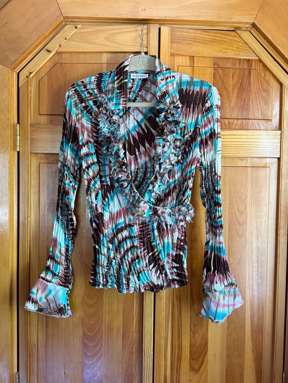 Laura Ashley Brown & Turquoise Ruffled Wrap Blouse